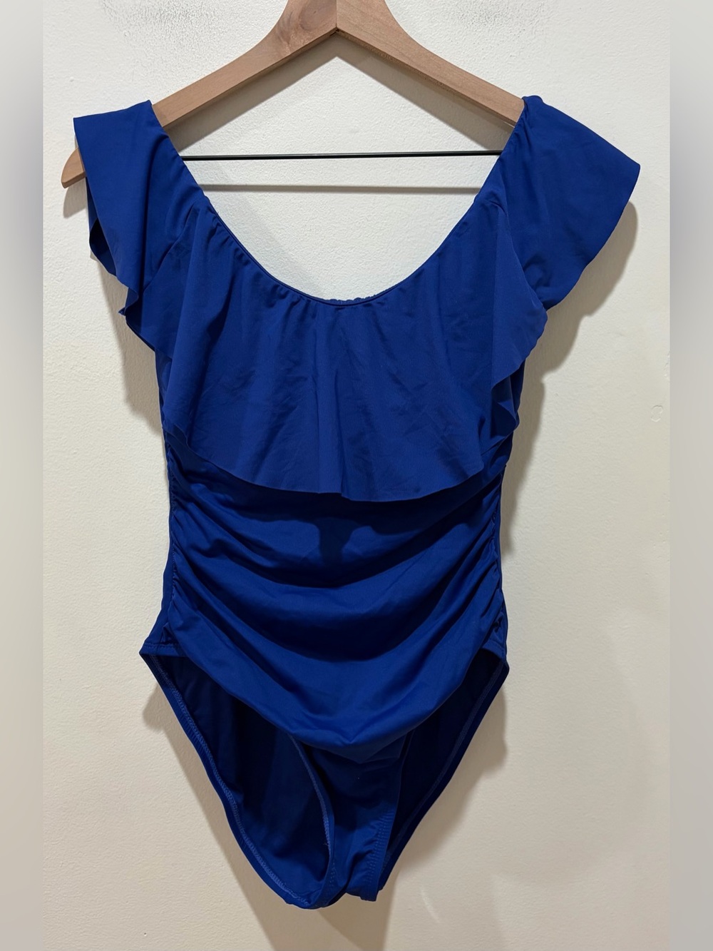 La Blanca Island Goddess Off Shoulder Ruffle Blueberry Blue One Piece Swimsuit 6